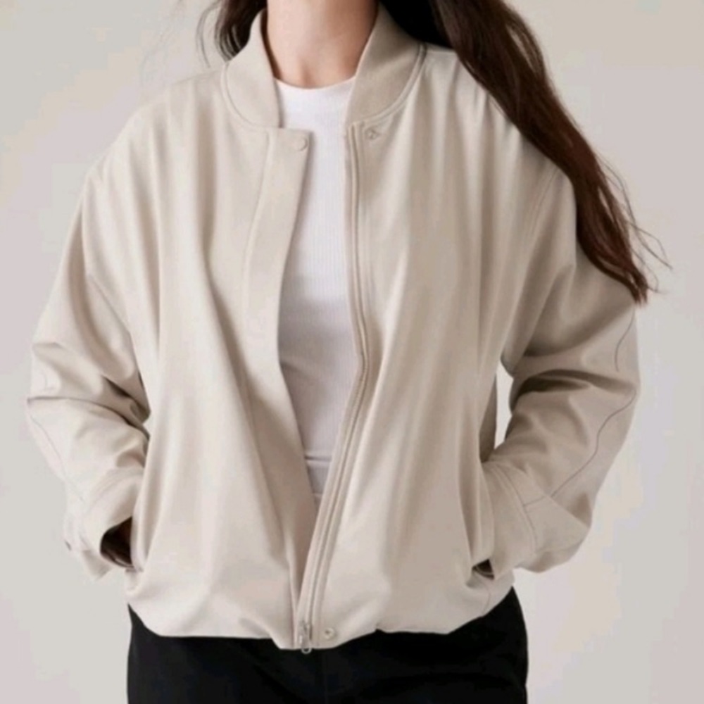 Athleta Light Tan Endless Bomber Jacket, long sleeves, size L